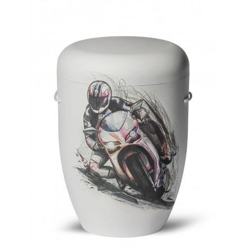 Hand Painted Biodegradable Cremation Ashes Funeral Urn / Casket – Motorbike (Free Road, Full Throttle)
